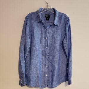 Jones & Co 100% linen Blue Button-Up Roll Tab Shirt sz L